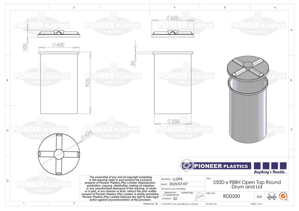 200L Round Drum With Loose Fitting Lid