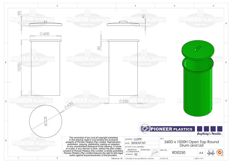 250L Round Drum With Loose Fitting Lid (RD0250)