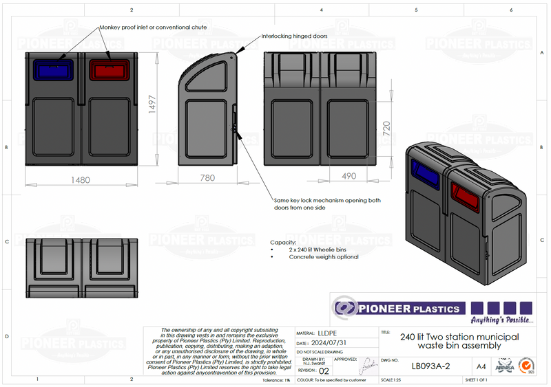 240L Baboon Proof Wheelie Refuse Bin Housing